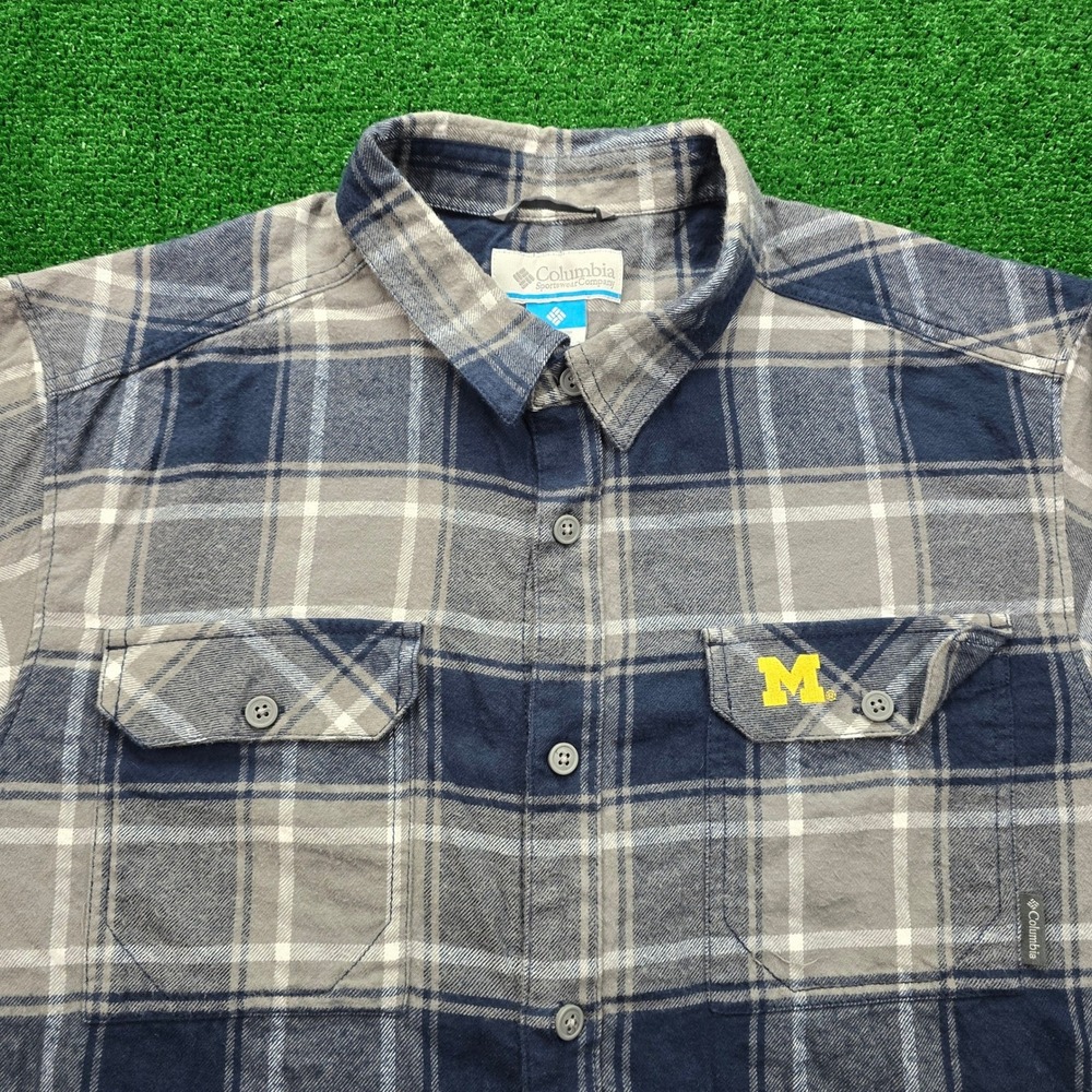 Michigan Wolverines Columbia Flannel Shirt Mens Large Blue Gray Plaid Button Up - Picture 2 of 8